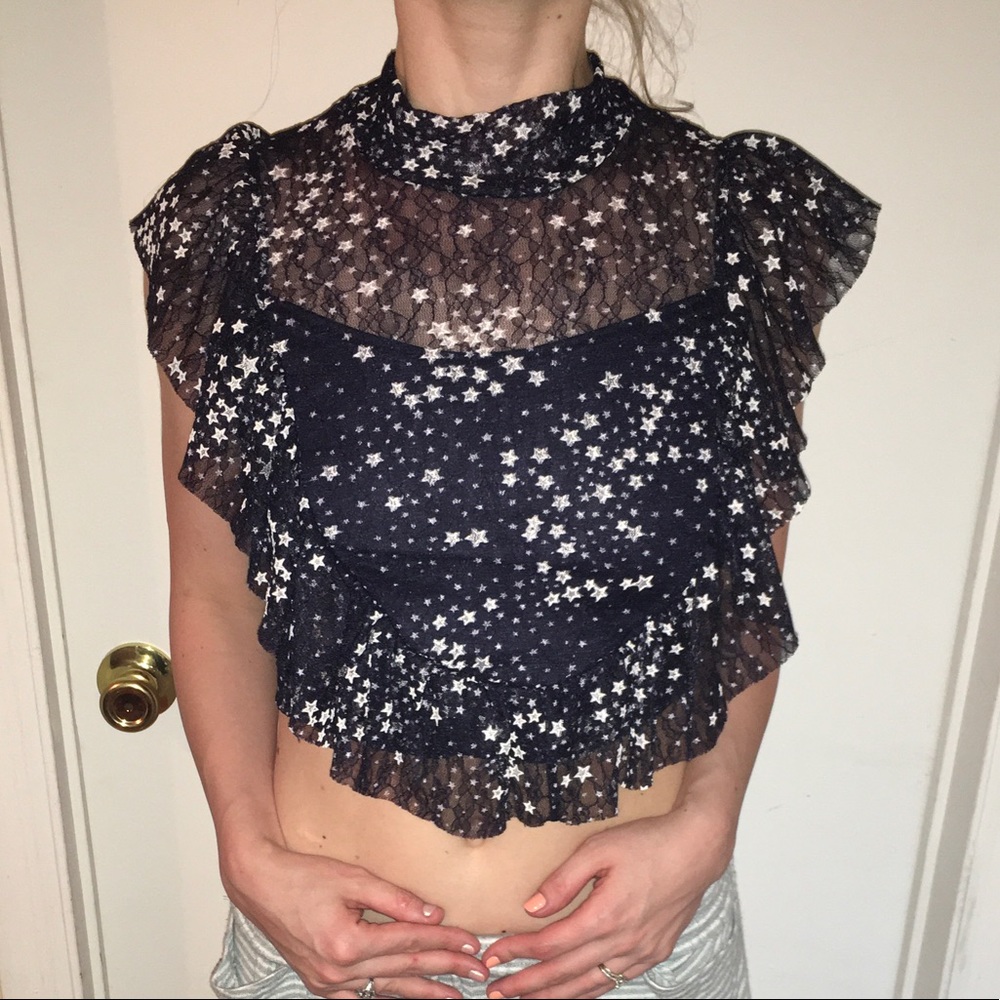 TFNC Sheer mock neck ruffle detail crop top